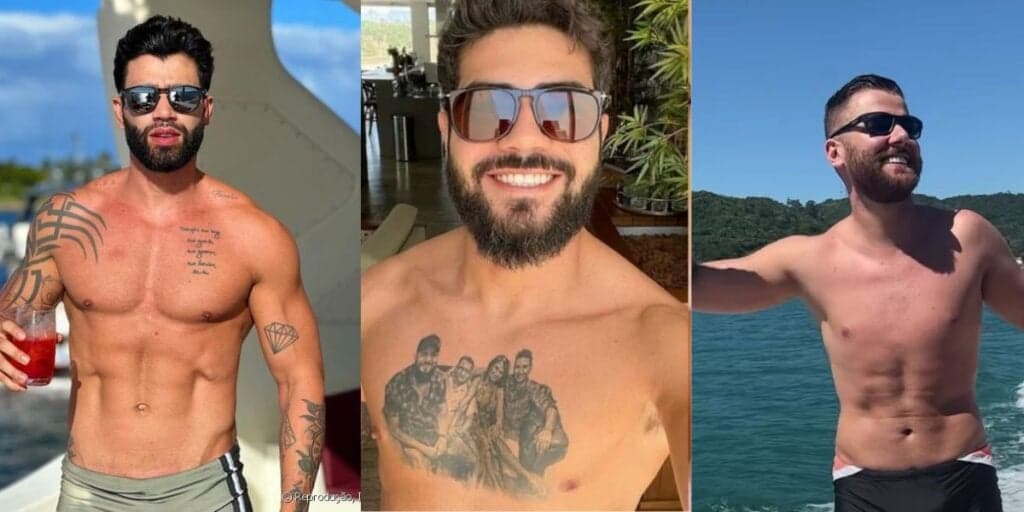 Gigantes: Gusttavo Lima, Henrique e Zé Neto desfilam com membros marcando em sungas e tamanho choca