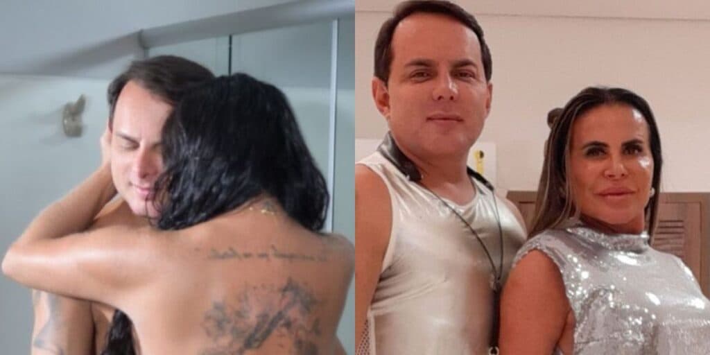 Sentada, Gretchen surge com calcinha engolindo tudo em cima da pia e com mãos do marido pegando sem dó
