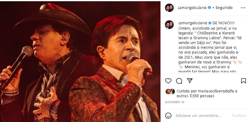 Luciano Camargo fez questão de parabenizar Chitãozinho e Xororó (Foto: Reprodução/ Instagram) Luciano Camargo fez questão de parabenizar Chitãozinho e Xororó (Foto: Reprodução/ Instagram)