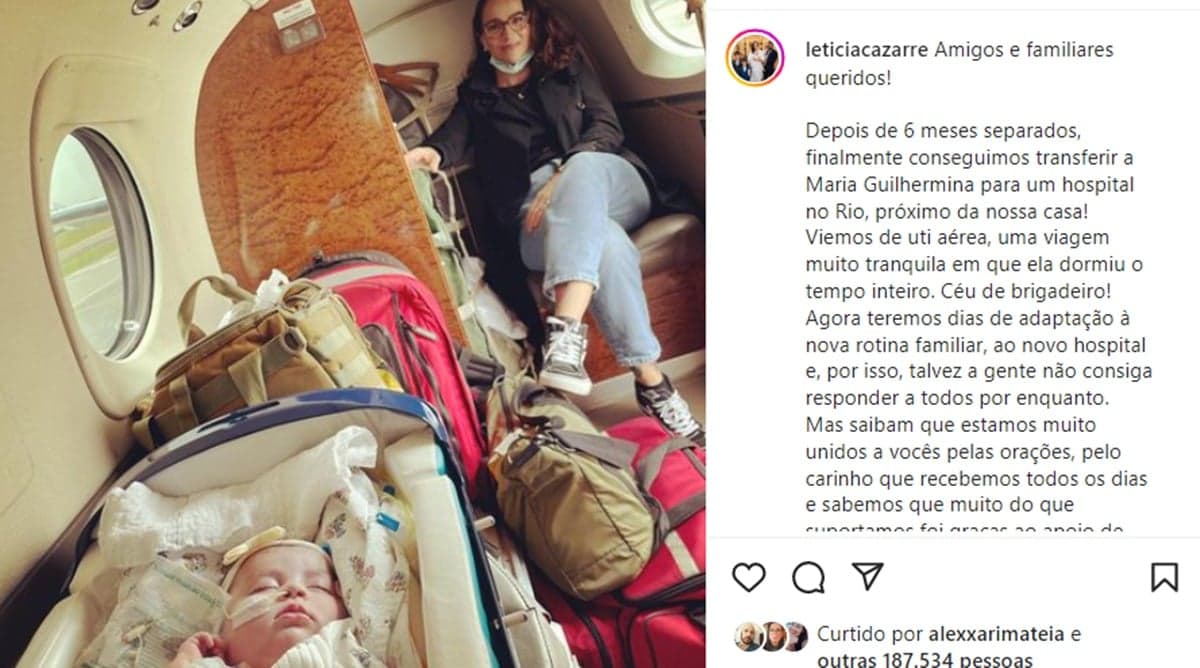 Letícia Cazarré mostra filha sendo transportada para o RJ em UTI aérea e agradece a todos pelo apoio Letícia Cazarré mostra filha sendo transportada para o RJ em UTI aérea e agradece a todos pelo apoio