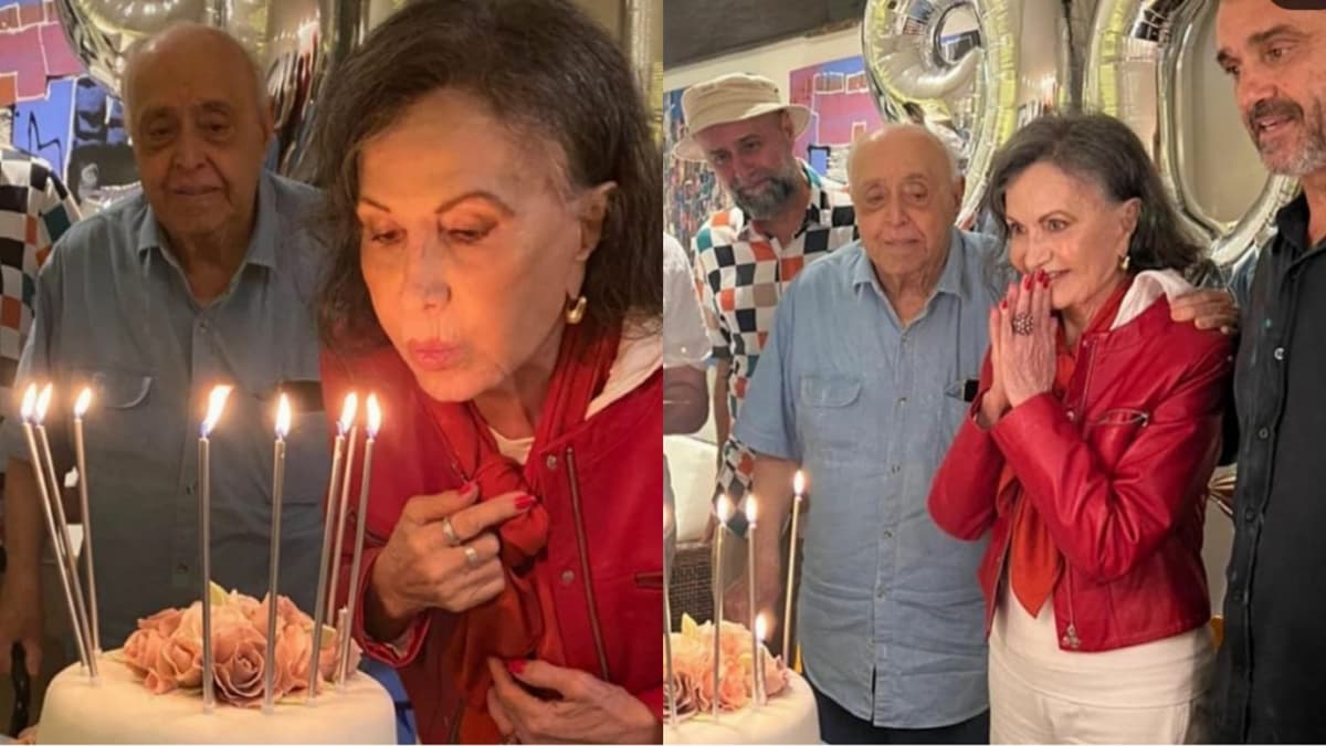 A atriz veterana ao lado do marido e dos filhos em seu aniversário de 90 anos A atriz veterana ao lado do marido e dos filhos em seu aniversário de 90 anos