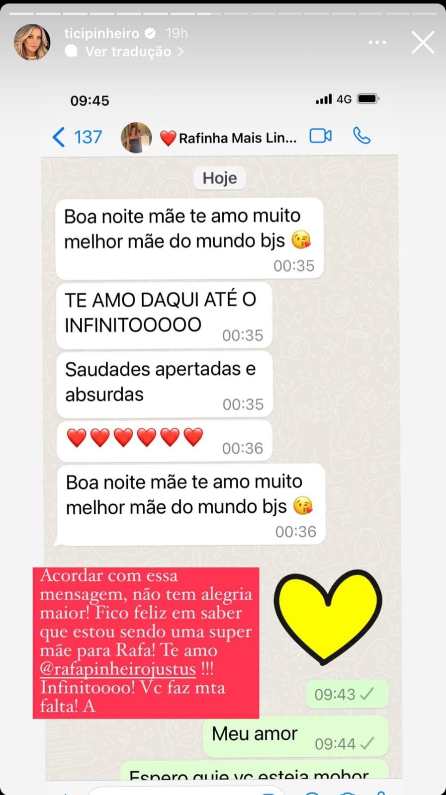 Por meio de suas redes sociais, Ticiane Pinheiro expõe mensagem que recebeu de Rafinha Justus e faz linda declaração de amor pública  - Foto Reprodução Instagram