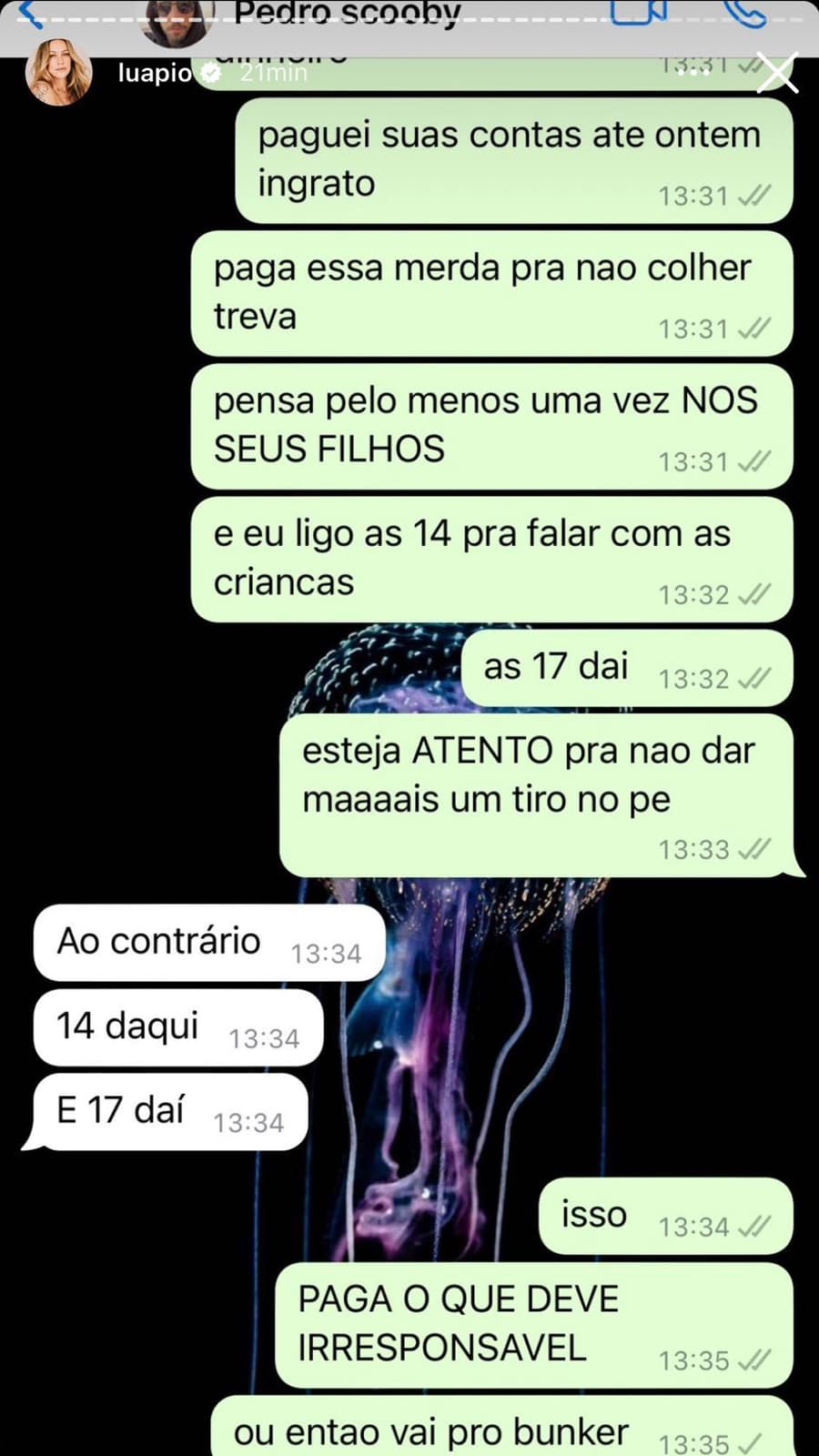 Em meio a guerra do ex-casal, Luana Piovani expõe em suas redes sociais prints de conversas com Pedro Scooby  -  Foto Reprodução Instagram