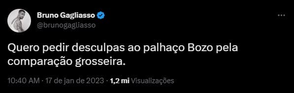 Retratação de Bruno Gagliasso no Twitter - foto: Reprodução Retratação de Bruno Gagliasso no Twitter - foto: Reprodução