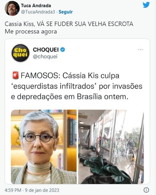 Tuca Andrade metralha Cássia kis após declarações da atriz - Foto; Reprodução