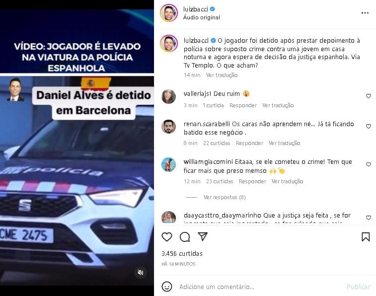 Luiz Bacci noticiou prisão de Daniel Alves em suas redes sociais (Foto: Reprodução/ Instagram) Luiz Bacci noticiou prisão de Daniel Alves em suas redes sociais (Foto: Reprodução/ Instagram)