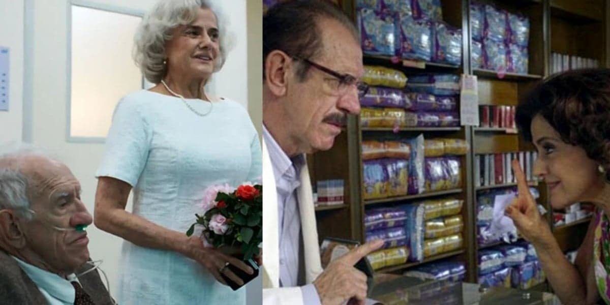 Rui Resende e Marieta Severo em "Um Lugar ao Sol" e em "A Grande Família" (Foto: Reprodução/TV Globo)