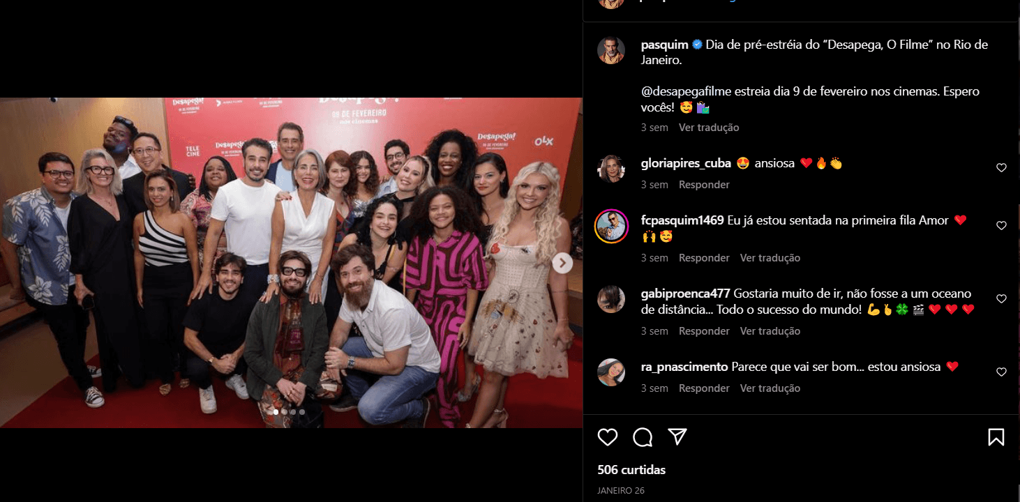 Publicação de Marcos Pasquim no Instagram divulgando a pré estreia do filme "Desapega" em que ele elenca (Foto Reprodução/Instagram) Publicação de Marcos Pasquim no Instagram divulgando a pré estreia do filme "Desapega" em que ele elenca (Foto Reprodução/Instagram)