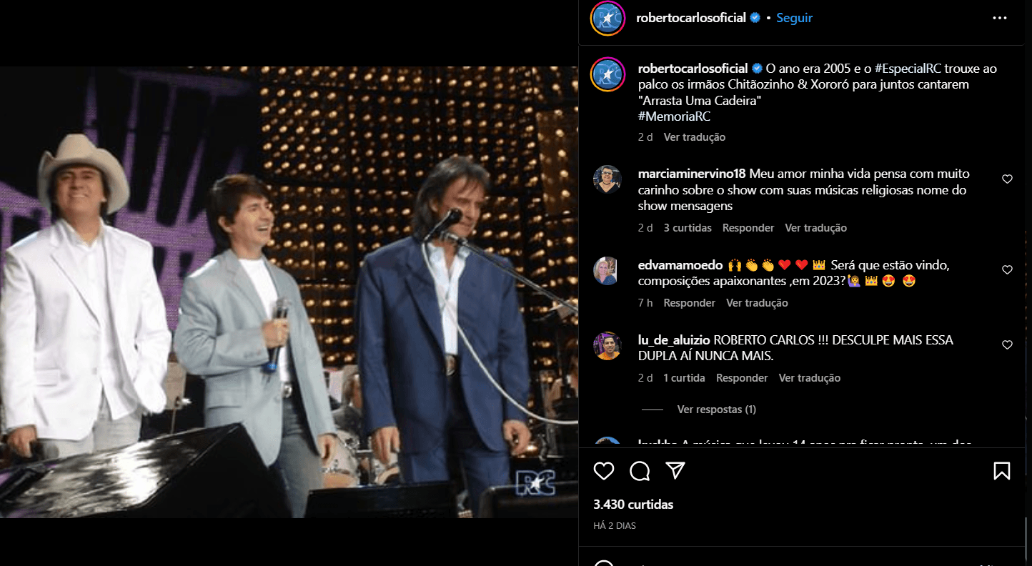 Publicação do Roberto Carlos no perfil oficial aonde ele compartilhou um clique de 2005 com Chitãozinho e Xororó (Foto Reprodução/Instagram) Publicação do Roberto Carlos no perfil oficial aonde ele compartilhou um clique de 2005 com Chitãozinho e Xororó (Foto Reprodução/Instagram)