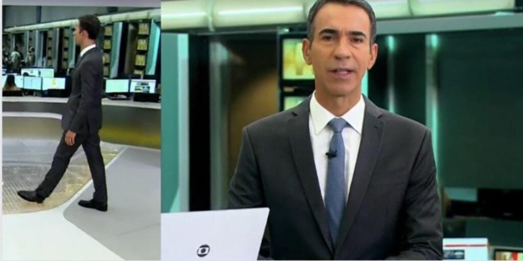 Agora: César Tralli anda pelo estúdio do JH para dar notícia que aterroriza o Brasil todo