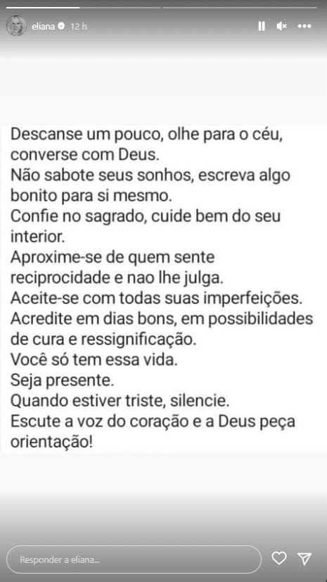 Mensagem postada por  Eliana (Foto: Reprodução, Instagram) 