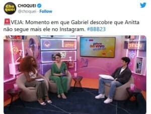 BBB23 - Gabriel descobre que Anitta não o segue mais e tem reação chocante (Foto: Reprodução / Twitter) BBB23 - Gabriel descobre que Anitta não o segue mais e tem reação chocante (Foto: Reprodução / Twitter)