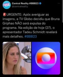 Urgente: BBB23 acaba de decidir se Bruna será expulsa do reality e Tadeu dará detalhes (Foto: Reprodução / Twitter)