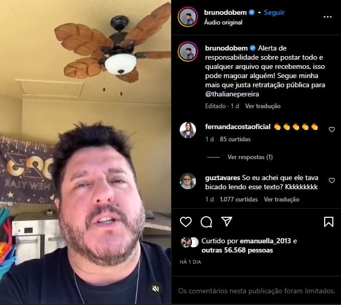 Bruno, da dupla com Marrone, teve que fazer pedido de desculpa publicamente para famosa (Foto: Reprodução/ Instagram)