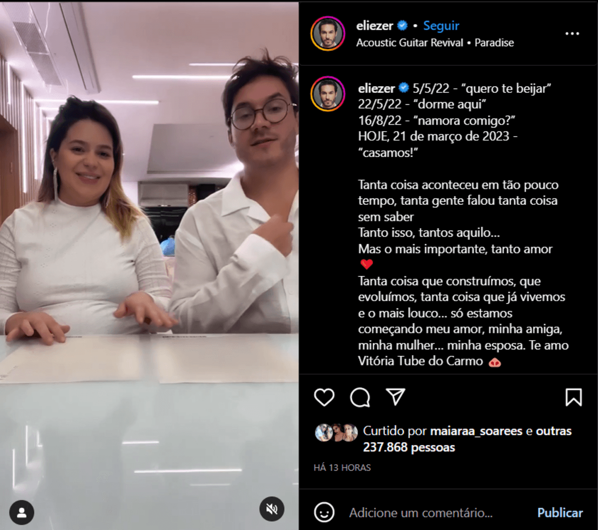 Postagem de Eliezer aonde ele declara seu amor por meio de uma linha cronológica em sua legenda(Foto Reprodução/Instagram)
