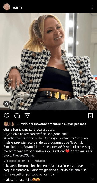 Publicação de Eliana (Foto: Reprodução/ Instagram) Publicação de Eliana (Foto: Reprodução/ Instagram)