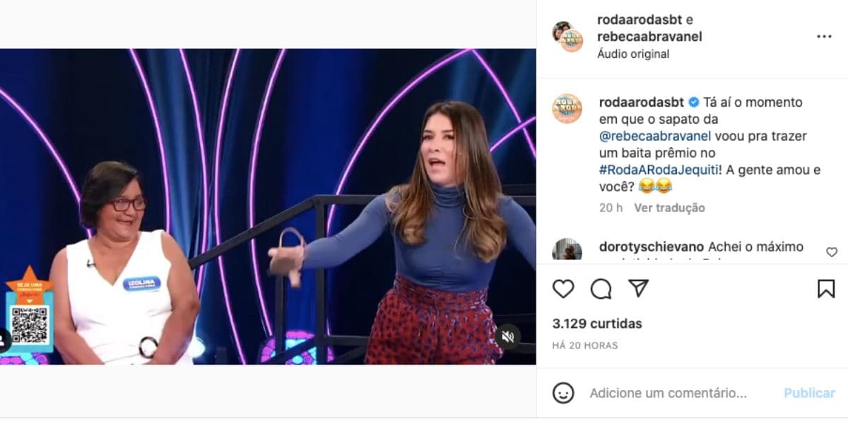 Rebeca Abravanel tira o sapato nos estúdios do SBT e arremessa para celebrar vitória de vendedora da Jequeti (Foto: Reprodução / Instagram)