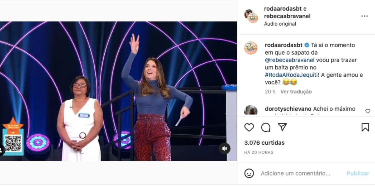 Rebeca Abravanel tira o sapato nos estúdios do SBT e arremessa para celebrar vitória de vendedora da Jequeti (Foto: Reprodução / Instagram)
