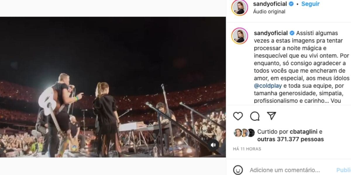 Sandy aparece tremendo em bastidores do Coldplay e fala sobre apresentação ao lado de Chris Martin (Foto: Reprodução / Instagram) 