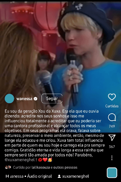 Publicação de Wanessa Camargo em homenagem à Xuxa (Foto: Reprodução/ Internet)