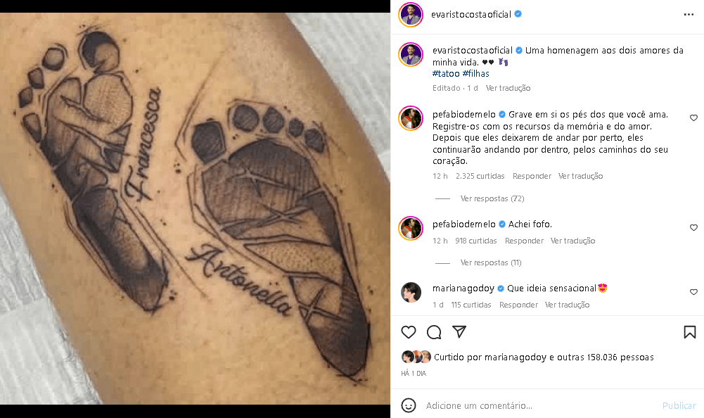 Evaristo Costa fez tatuagem para as filhas e ganhou recado do Padre Fábio de Melo (Foto: Reprodução/ Instagram)