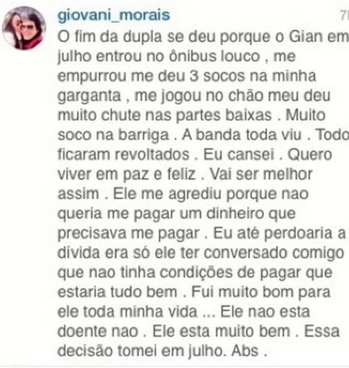Desabafo feito na época por Giovani pelas redes sociais (Foto Reprodução/Internet) Desabafo feito na época por Giovani pelas redes sociais (Foto Reprodução/Internet)