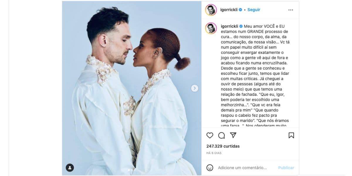 Igor Rickli é criticado por conta de declaração para Aline Wirley (Foto: Reprodução / Instagram) 