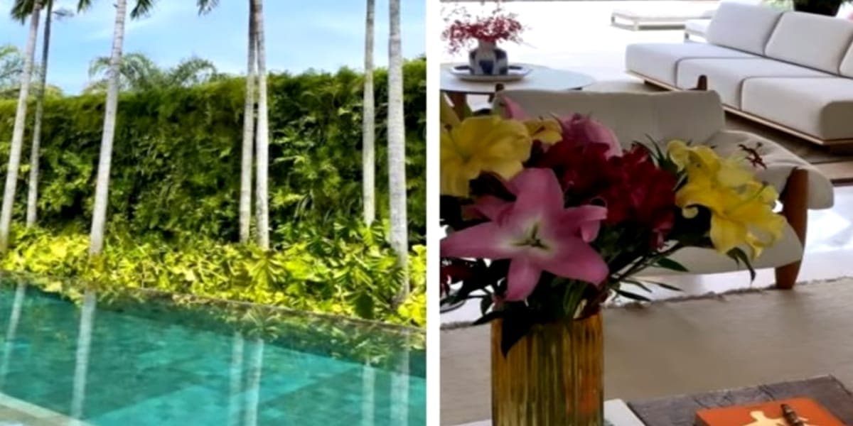 Piscina absurda de Marina Ruy Barbosa e decoração de flores (Reprodução: Youtube) Piscina absurda de Marina Ruy Barbosa e decoração de flores (Reprodução: Youtube)