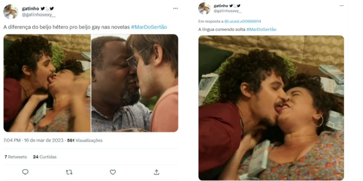 Reação do público sobre beijo em "Mar do Sertão" (Foto: Reprodução/Twitter)