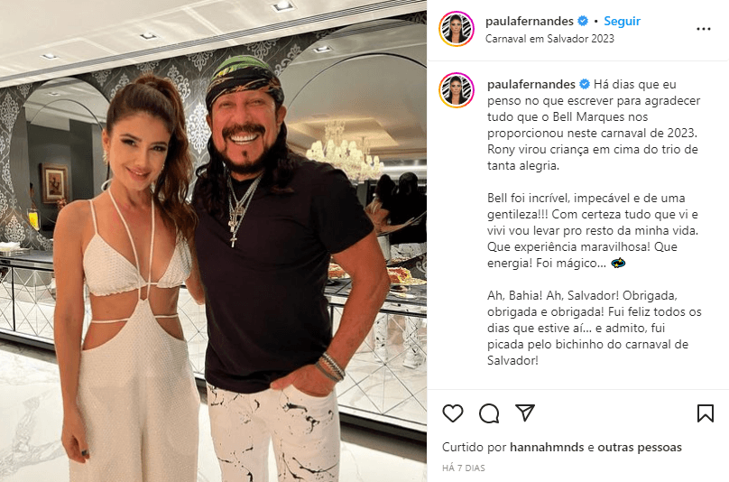 Ao lado de Bell Marques, Paula Fernandes falou sobre o carnaval de Salvador (Foto: Instagram) Ao lado de Bell Marques, Paula Fernandes falou sobre o carnaval de Salvador (Foto: Instagram)