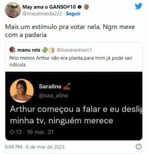 Fãs de Arthur Aguiar estão furiosos com Sarah do BBB23 (Foto: Reprodução / Twitter) 