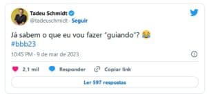 Tadeu brincou com falha técnica no BBB23 (Foto: Reprodução / Twitter)