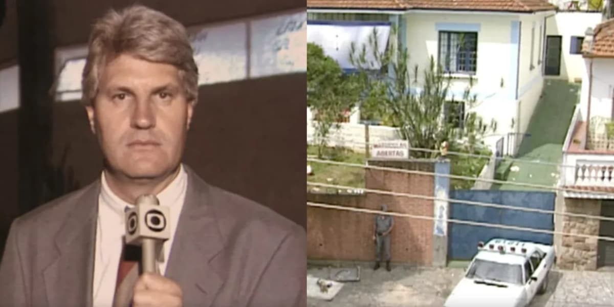 Valmiro Salaro em delegacia, durante denúncia sobre a Escola Base (Foto: Reprodução/TV Globo)