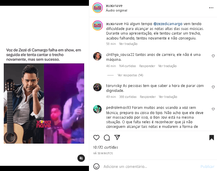 Zezé Di Camargo teve problemas com a voz durante apresentação (Foto: Reprodução/ Instagram)