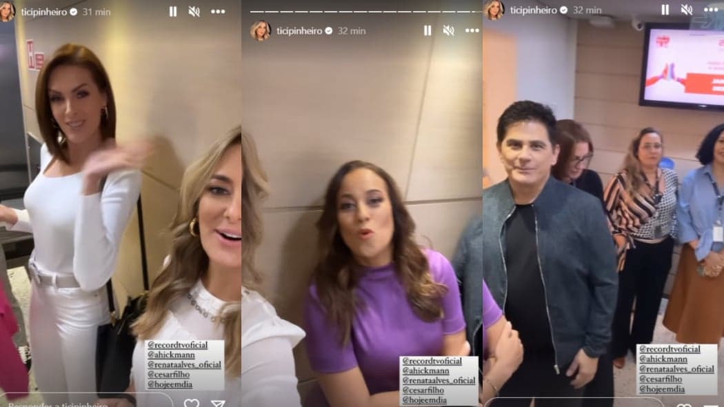 Ticiane Pinheiro mostra bastidores do "Hoje em Dia" e faz brincadeira com os colegas (Foto Reprodução/Montagem/TV Foco) Ticiane Pinheiro mostra bastidores do "Hoje em Dia" e faz brincadeira com os colegas (Foto Reprodução/Montagem/TV Foco)