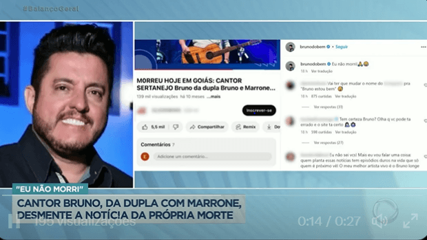 Bruno, da dupla Marrone, desmente a própria morte pelas redes sociais (Foto Rerodução/PlayPlus)