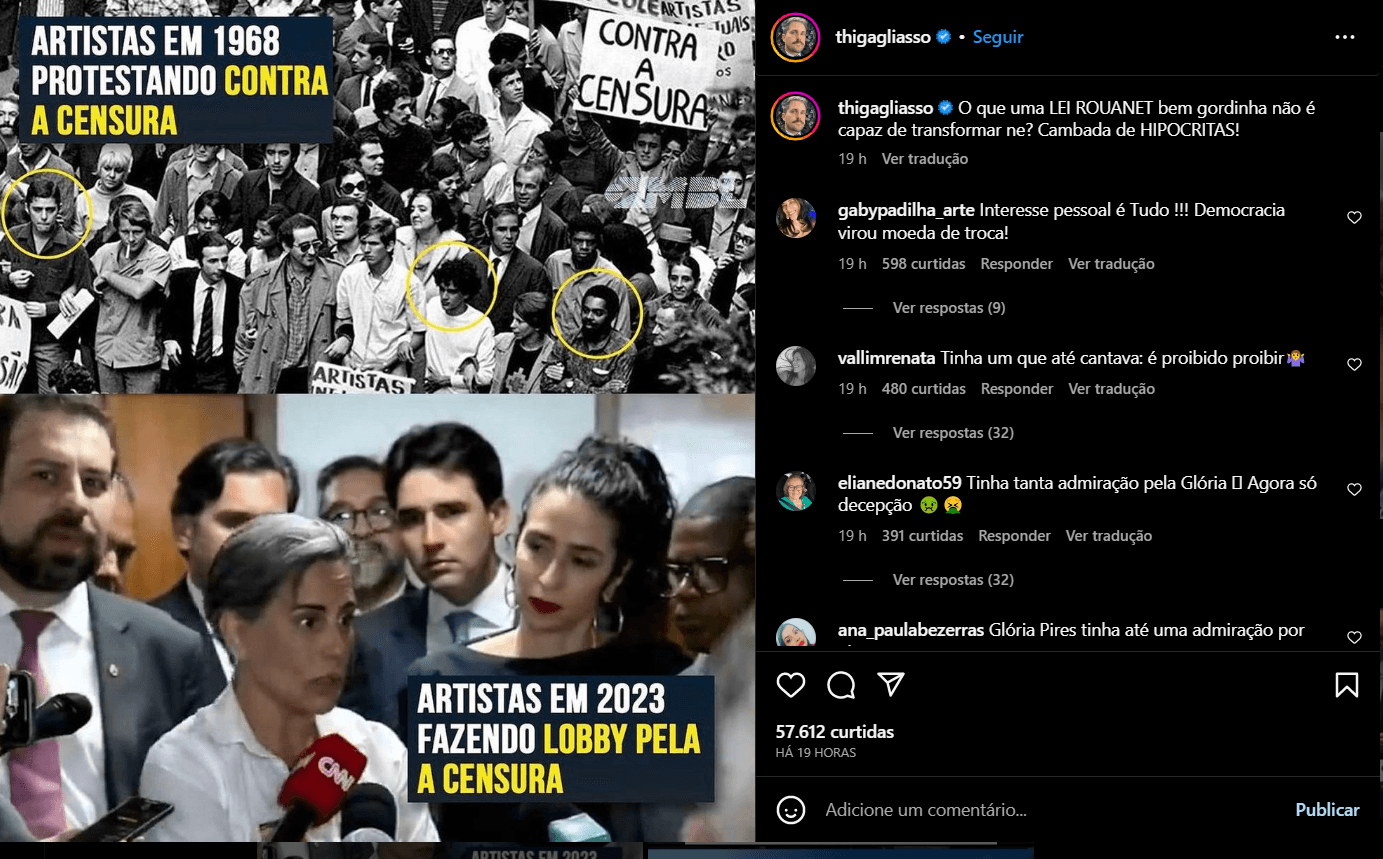 Publicação de Thiago Gagliasso criticando Glória Pires e demais artistas (Foto Reprodução/Instagram)