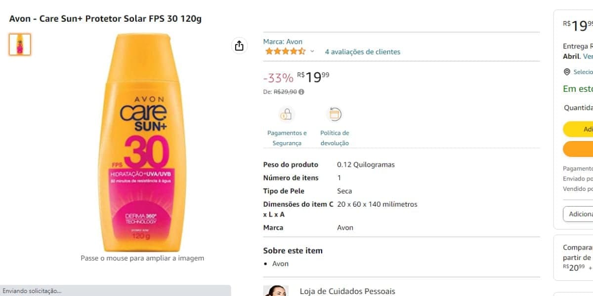 Protetor solar Avon disponível na Amazon por R$19,99 (Reprodução - Amazon)