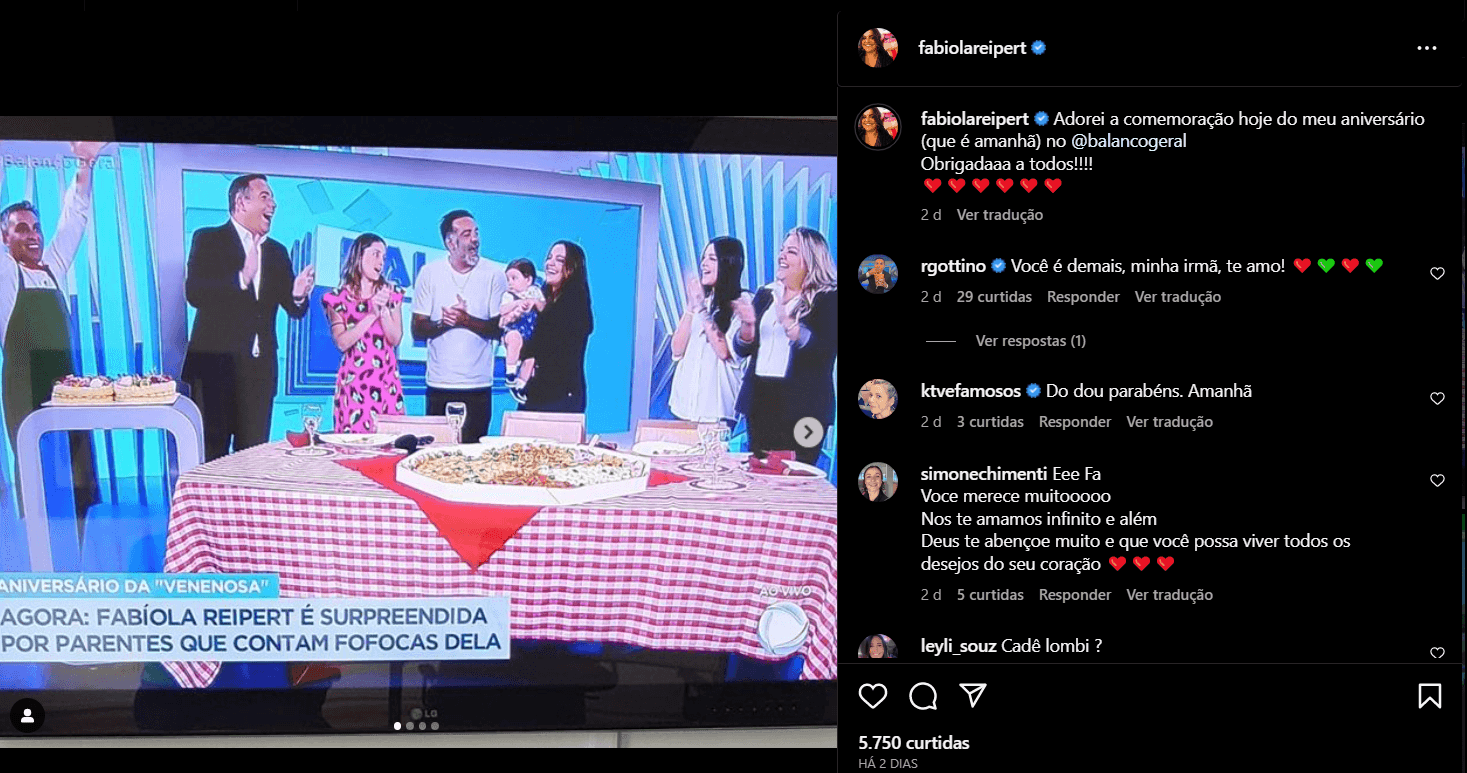 Publicação de Fabíola Reipert nas suas redes sociais agradecendo a surpresa que recebeu de aniversário (Foto Reprodução/Instagram)
