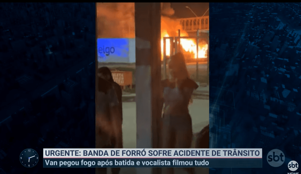 Imagens do incêndio que atingiu a van aonde estava a banda Lambasaia (Foto Reprodução/Youtube)