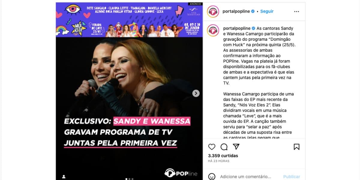 Comunicado sobre Wanessa Camargo e Sandy (Foto" Reprodução / Instagram)