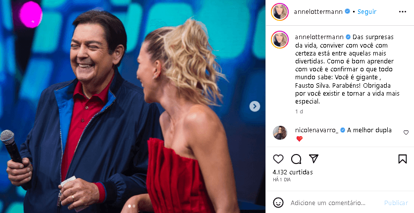 Anne Lottermann ao lado de Faustão (Foto: Reprodução/ Instagram)