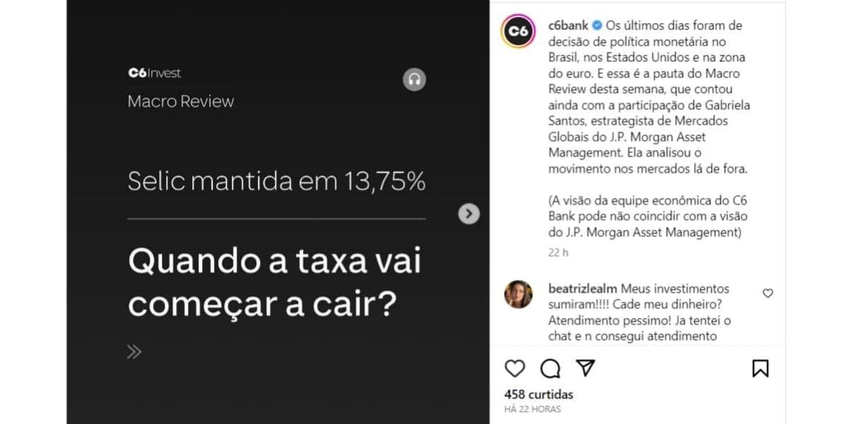 Aviso do C6 Bank nas rede sociais (Foto: Reprodução/Instagram)