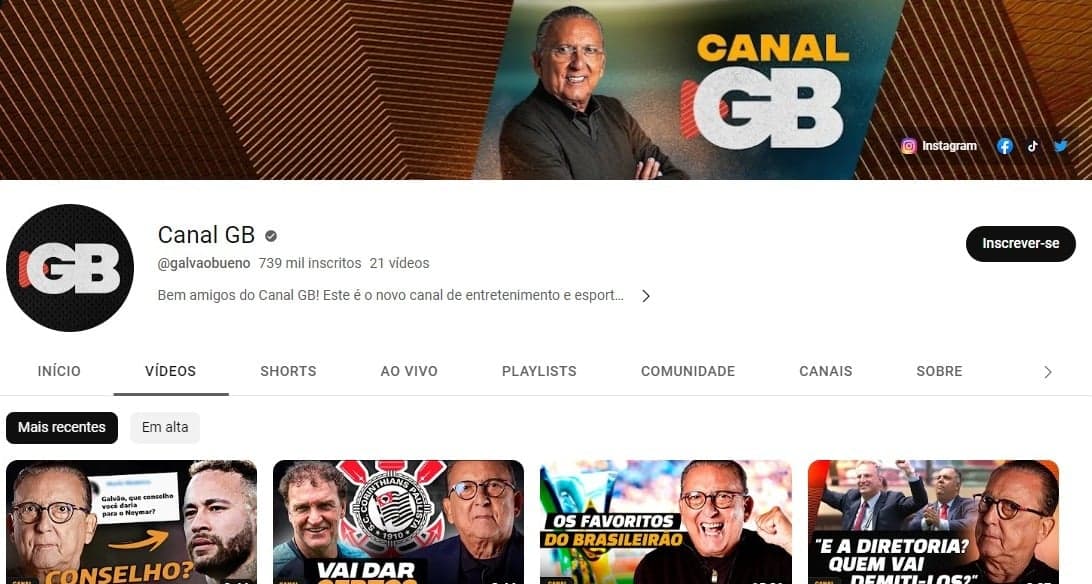 Novo canal de Galvão Bueno, no Youtube (Reprodução: Internet) Novo canal de Galvão Bueno, no Youtube (Reprodução: Internet)