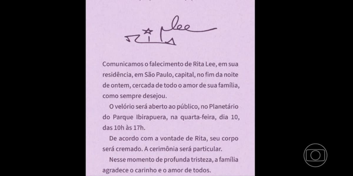 Comunicado da morte de Rita Lee (Foto: Reprodução/TV Globo)