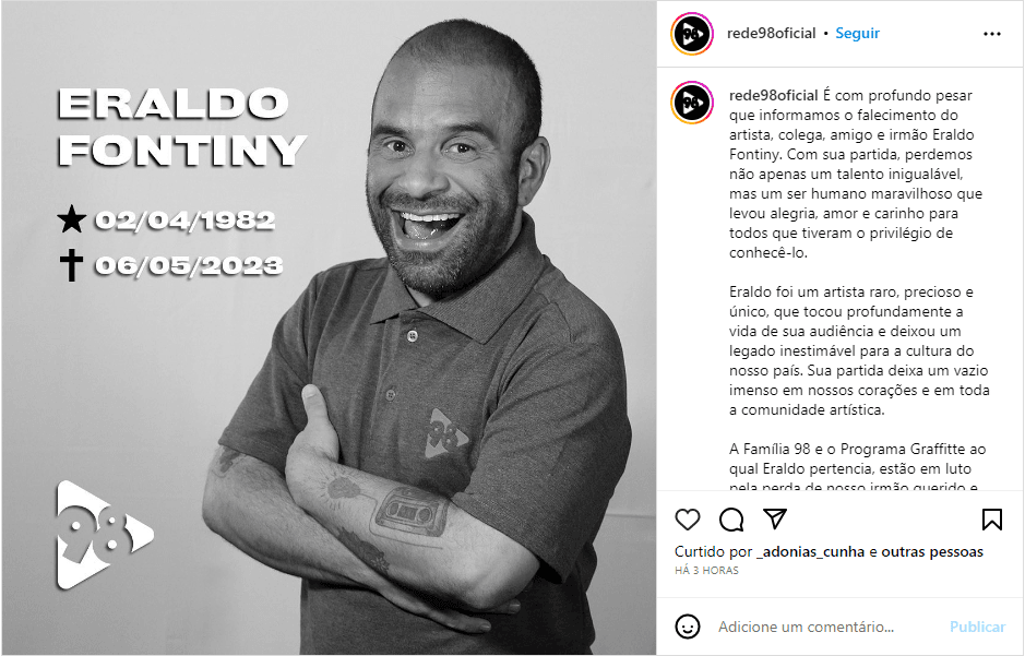 Texto de pesar a Eraldo Fontiny - Foto: Reprodução/Instagram