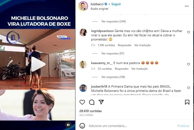 Pessoas criticando Michelle Bolsonaro em vídeo de Luiz Bacci (Reprodução - Instagram)