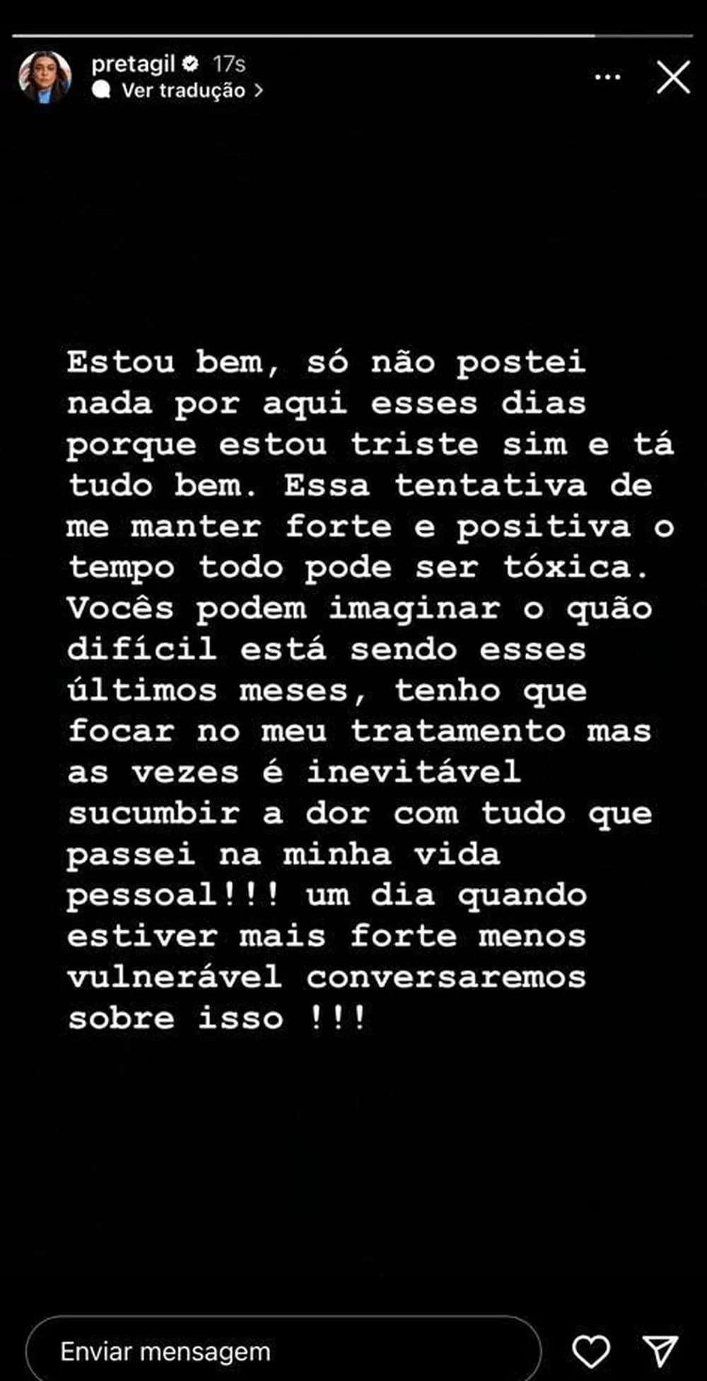 Preta Gil fez desabafo sincero e confirmou situação dolorosa (Foto: Reprodução/ Instagram)