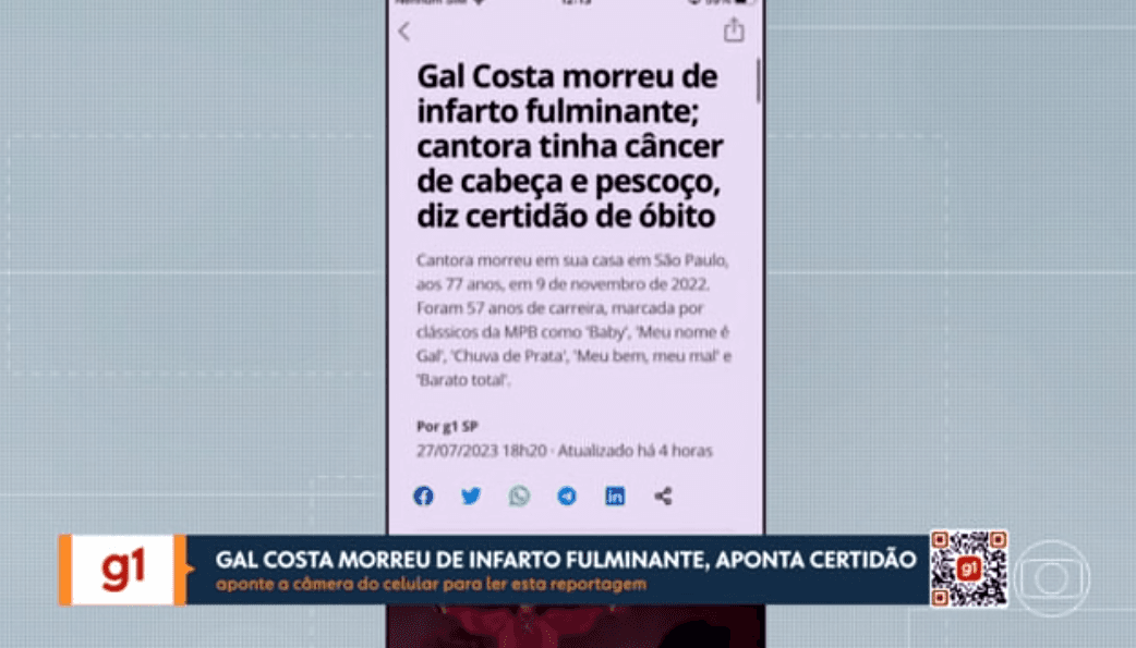 Notícia do G1 revela causa da morte de Gal Costa (Foto Reprodução/Globoplay)