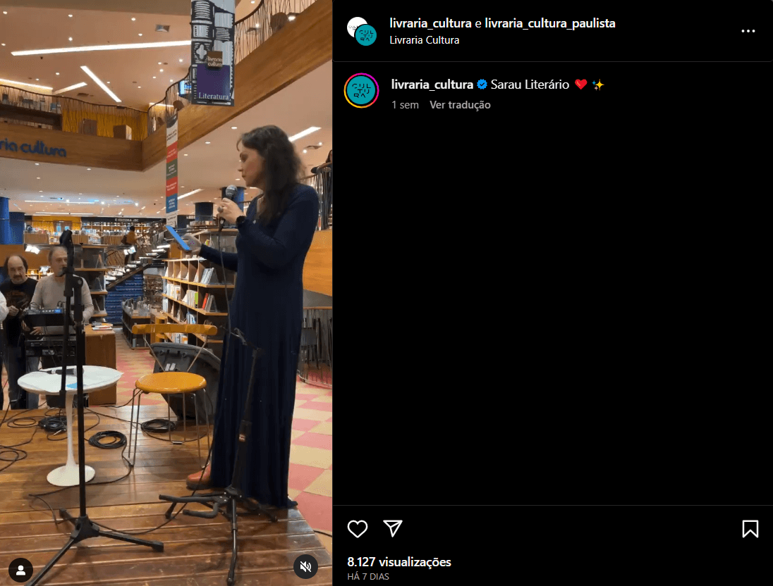 Publicação da Livraria Cultura sobre o Sarau realizado (Foto Reprodução/Instagram)